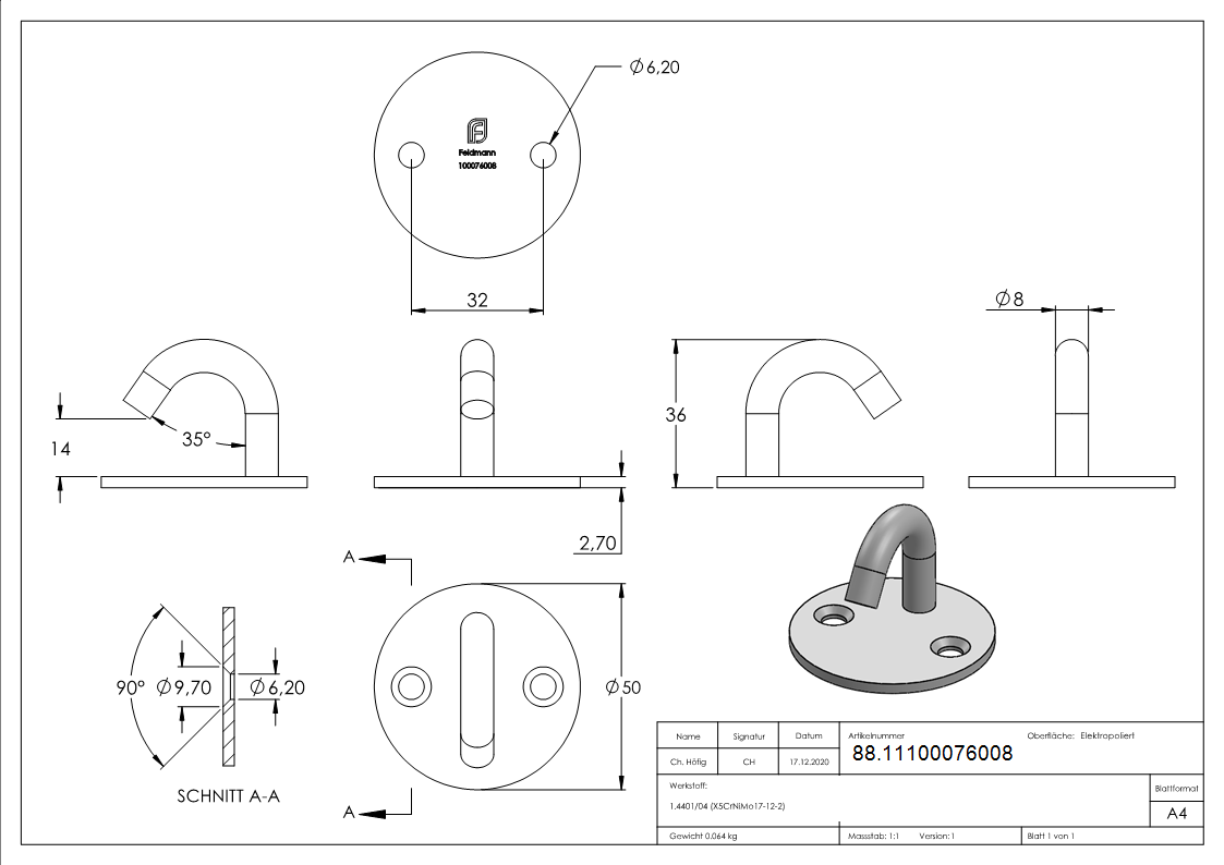 Befestigungsoese Edelstahl V4A 8 mm mit runder Platte- 2 Bohrungen-88.11100076008