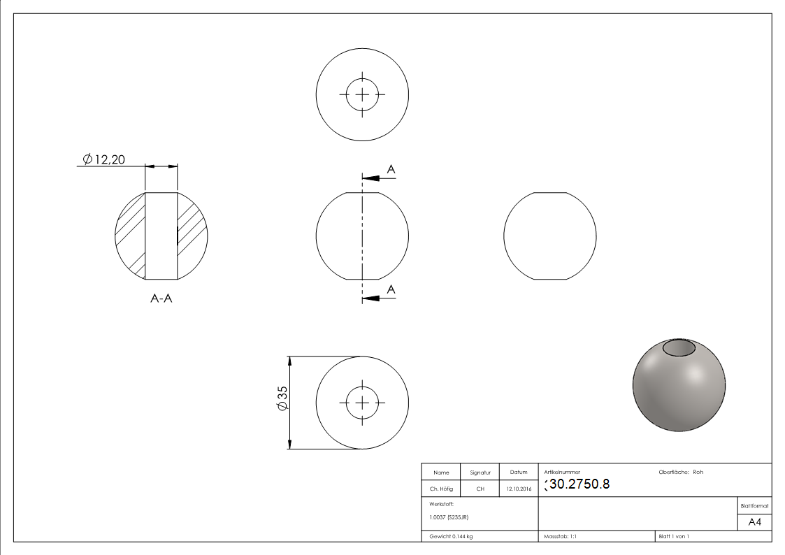 Kugel Ø 35 mm - mit Durchgangsbohrung 12-2 mm - Stahl S235JR- roh-30-2750.8