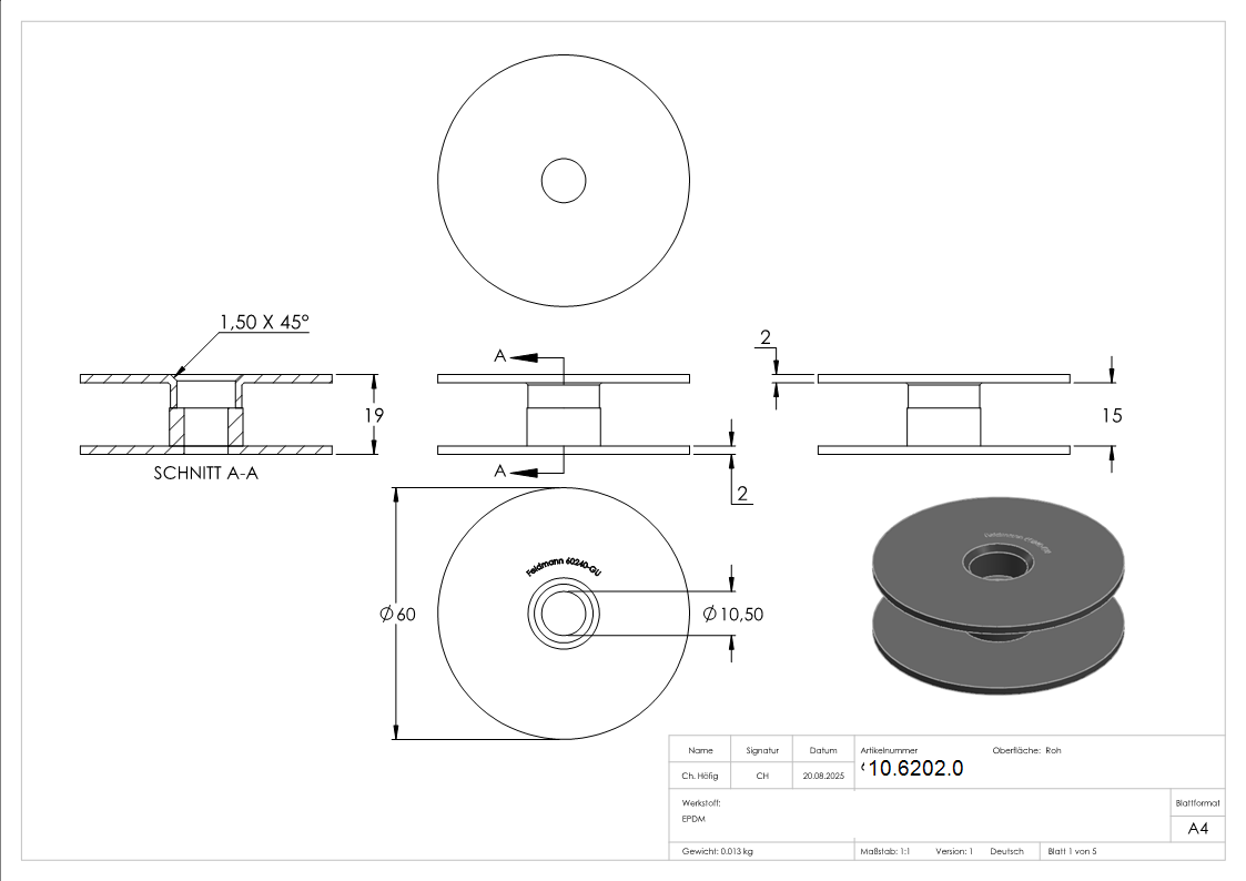 1 Paar Ersatzgummis fuer Glaspunkthalter Ø 62 mm – Gummieinlage - Dichtung-10-6202.0