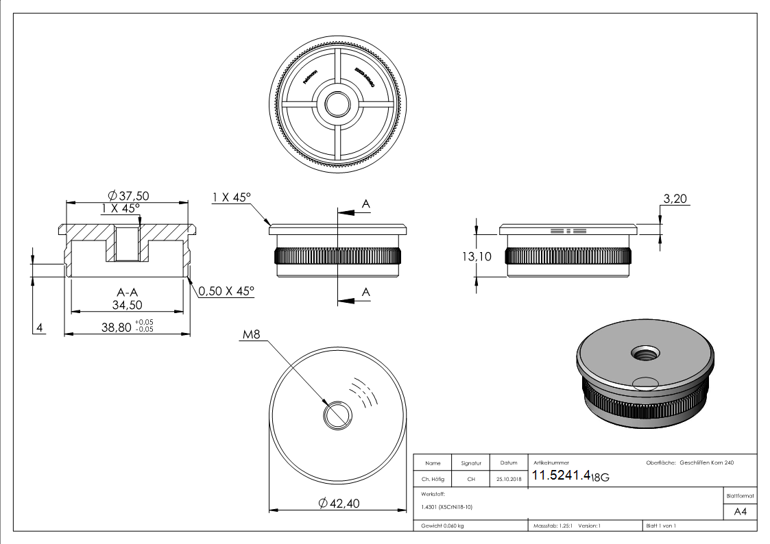 Rohrstopfen fuer Ø 42-4x2-0 mm flach mit M8 zum Einschlagen V2A-11-5241.4