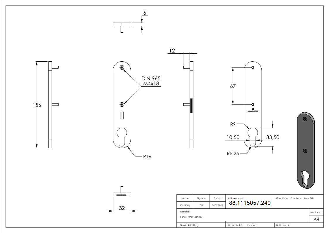 Langschild Edelstahl V2A 32 x 156 x 6 mm gerundet fuer Schlosskaesten-88-1115057.240