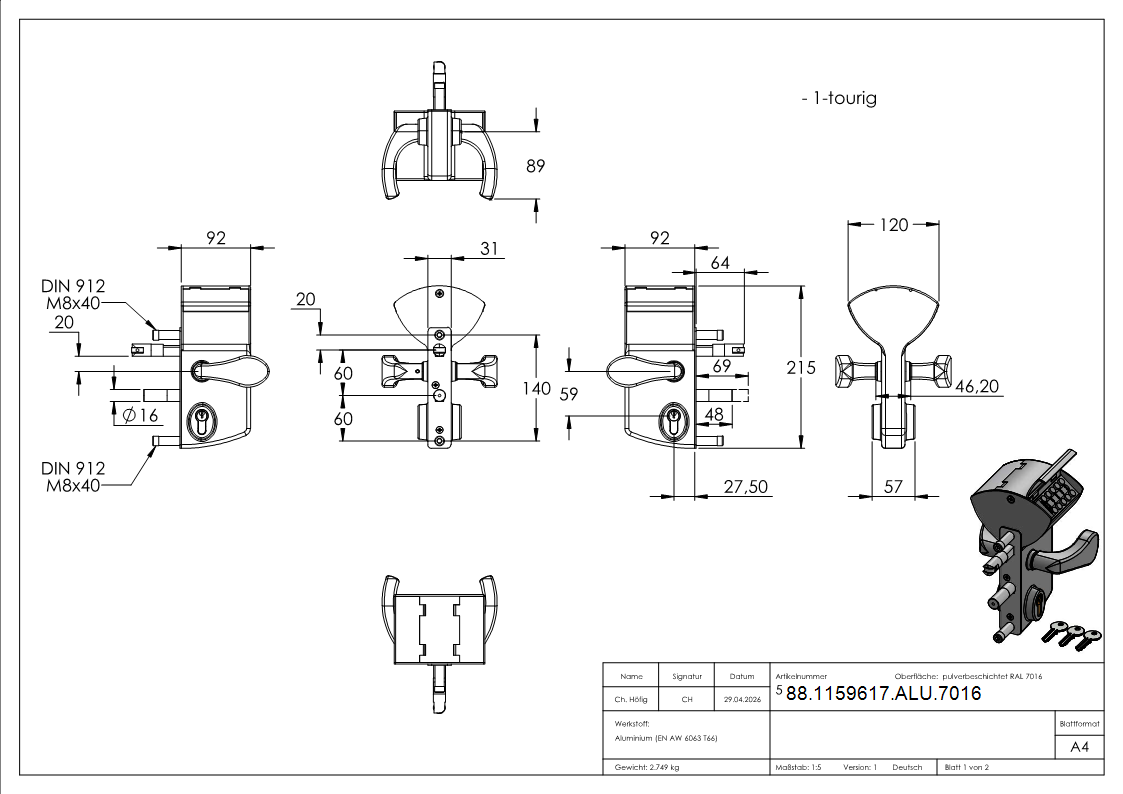 Mechanisches Codeschloss Aluminium fuer Profilrohr 40-60mm RAL 7016-88-1159617-ALU.7016