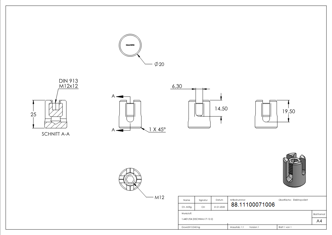 Kreuzklemme Edelstahl V4A fuer Seil Ø 6 mm-88.11100071006