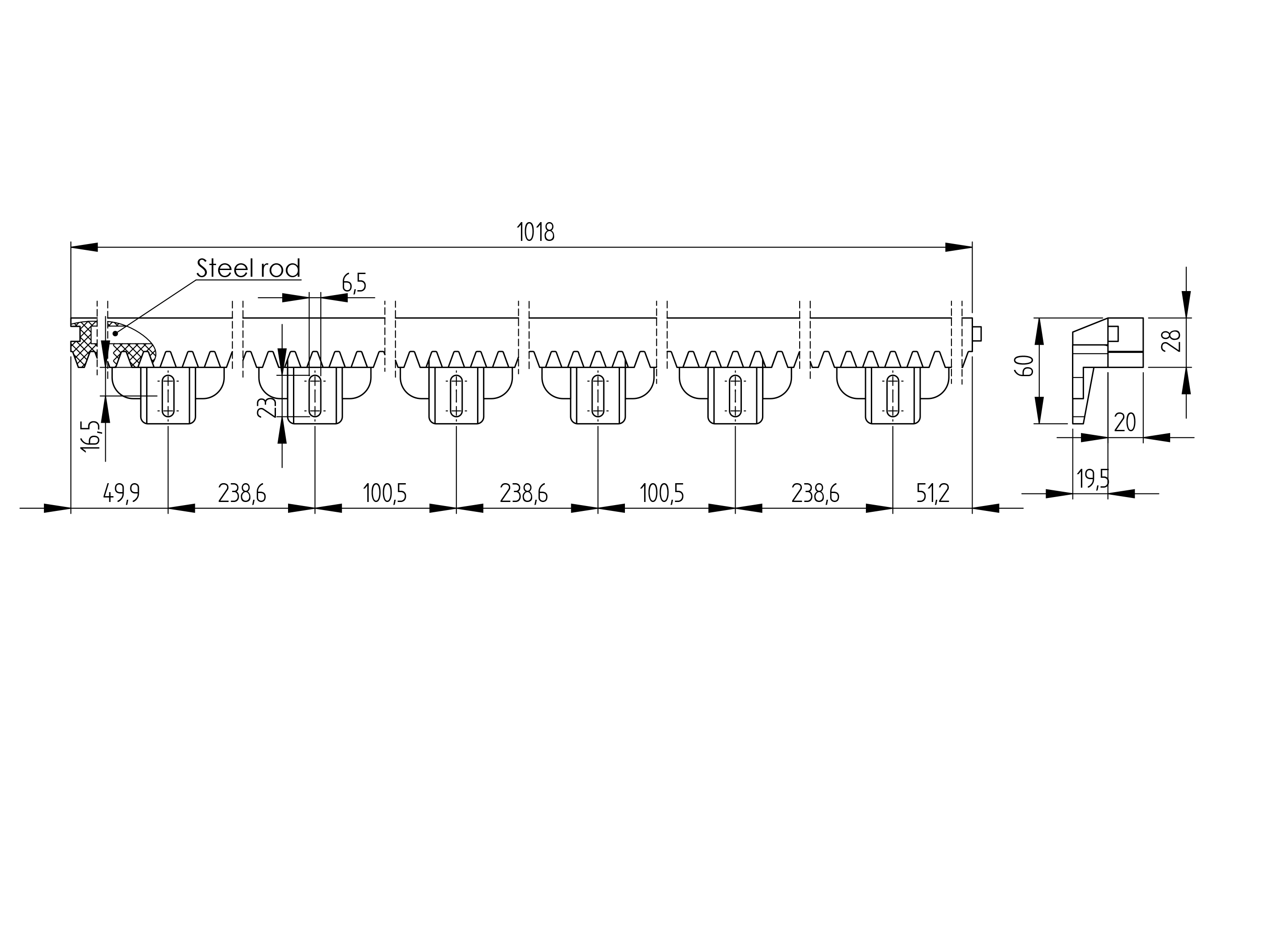 Zahnstange Modul 4 Kunststoff mit Stahlkern 27 x 20 mm fr Tore bis 1200 kg-89-11H01PVCS-A.4