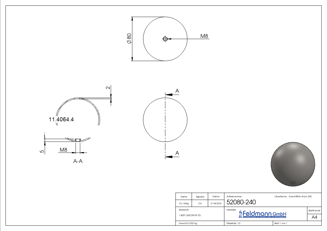 Hohlkugel Ø 80 mm mit Gewinde M8 V2A-11-4064.4