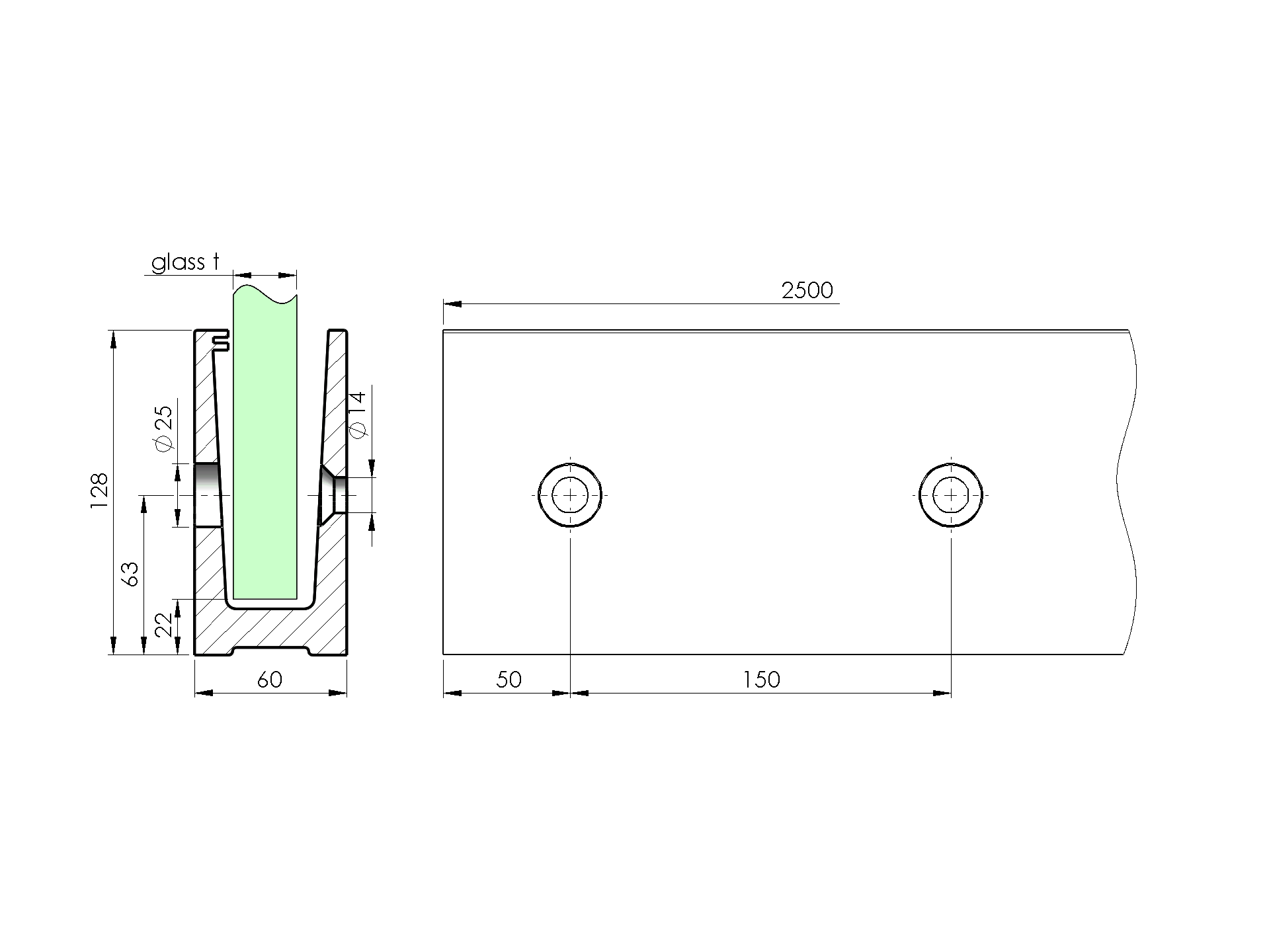 Aluprofil Ganzglasgelaender Seitenmontage Aluminium 2500 mm Glas 21-52-25-52 mm-89-11AL00092500SE-A.4