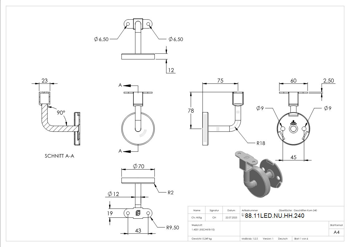 Handlaufhalter V2A fuer Nut 24x24 mm verschweisst fuer LED-Rohr-88-11LED-NU-HH.240