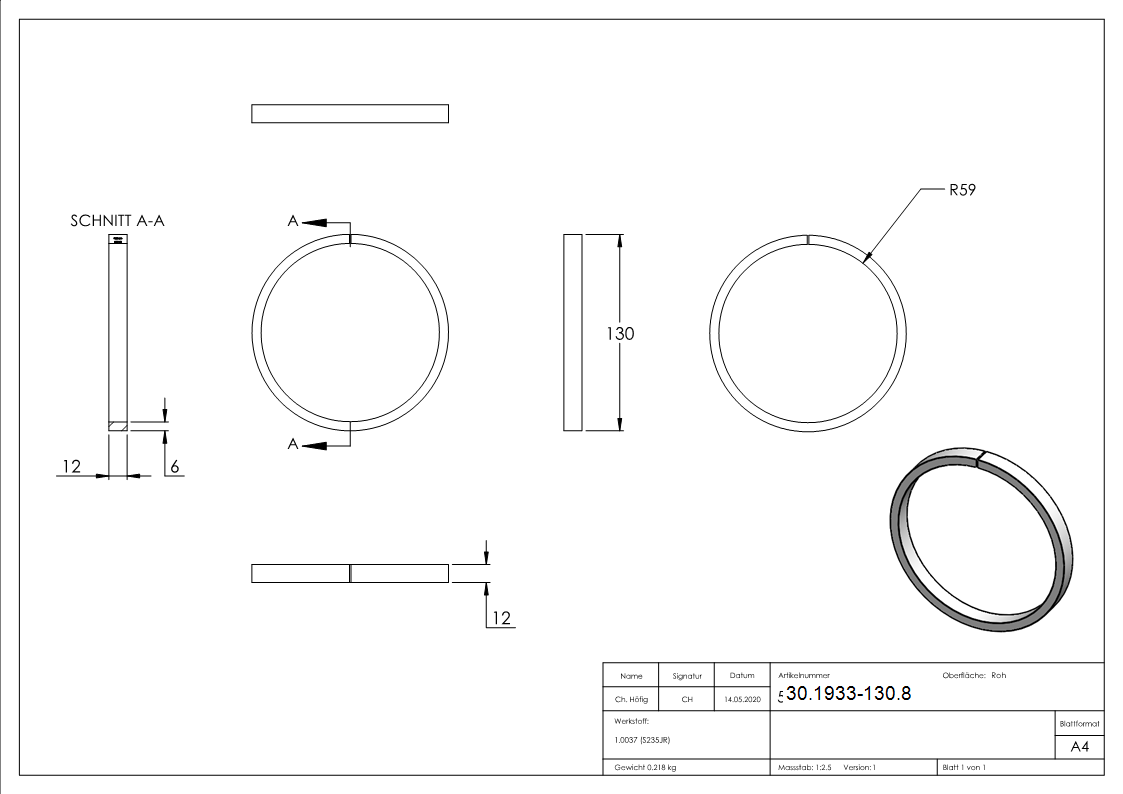 Ring - Material- 12x6 mm - Aussen-Ø130 mm - Stahl S235JR- roh-30-1933-130.8
