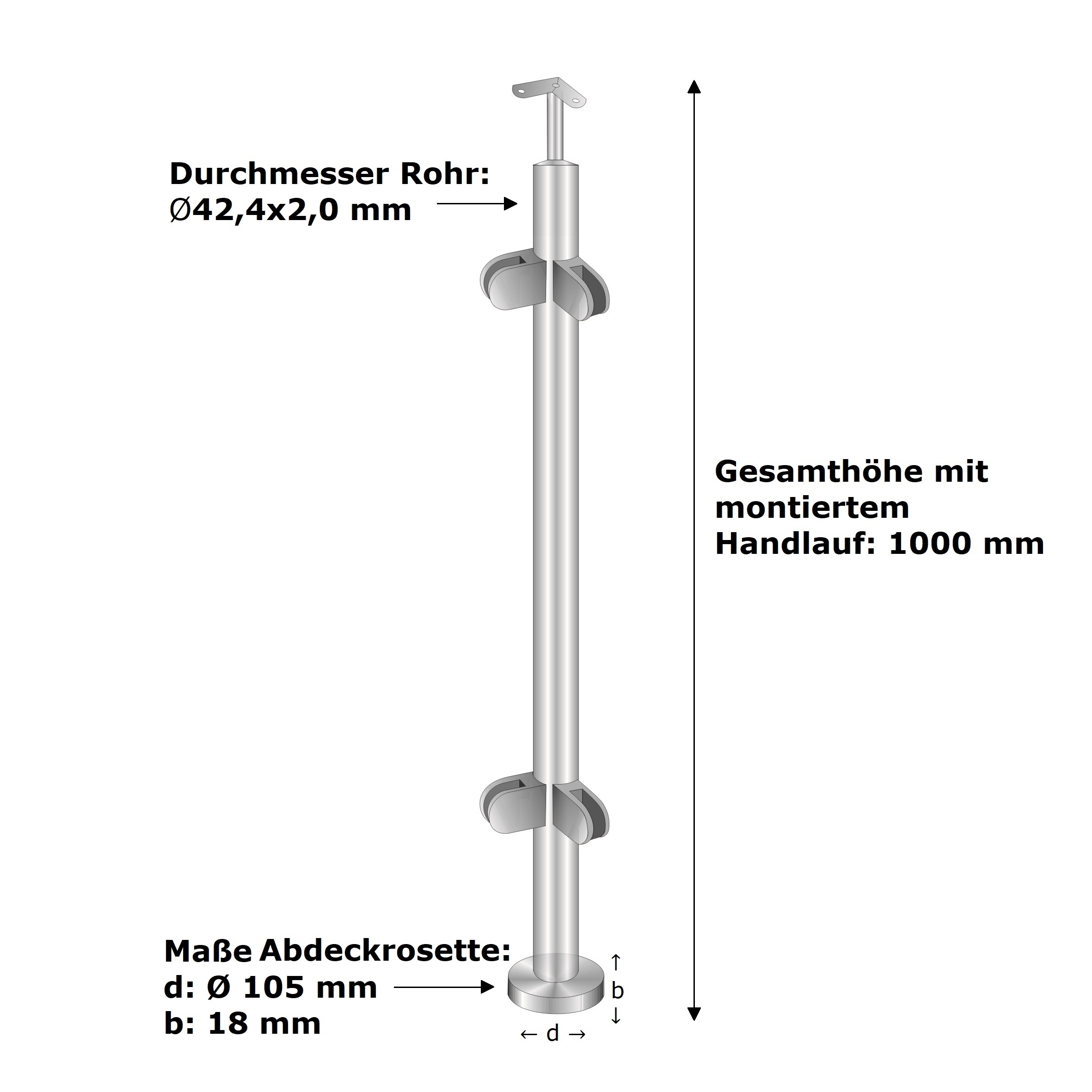 Gelaenderpfosten V2A D42-4x2 mm- 1000 mm Oberverankerung fuer Glas-14-0034RG-A.4