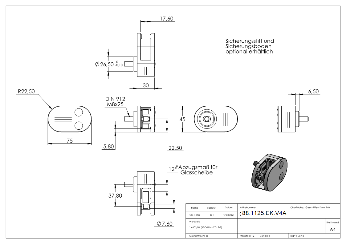 Sichtschutz Endglasklemme Mod- 25- in V4A-88-1125-EK.V4A