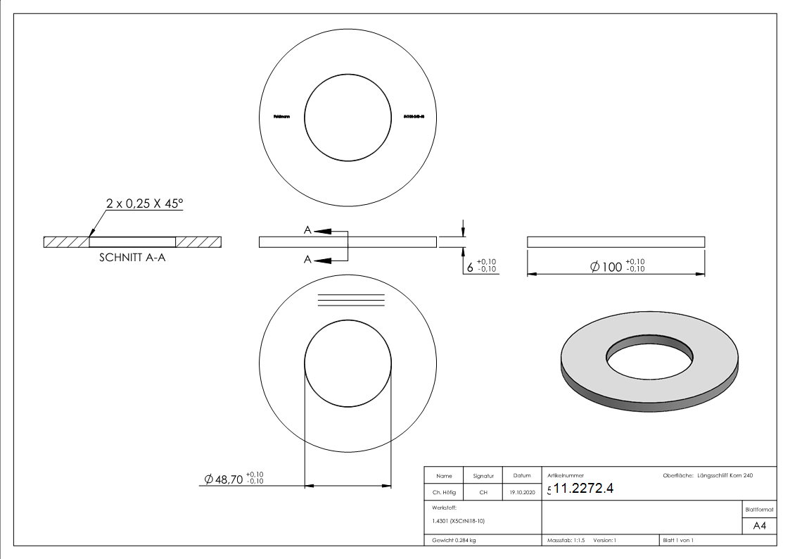 Ankerplatte Masse- Ø 100x6 mm fuer Rundrohr- Ø 48-3 mm mit Laengsschliff V2A-11-2272.4