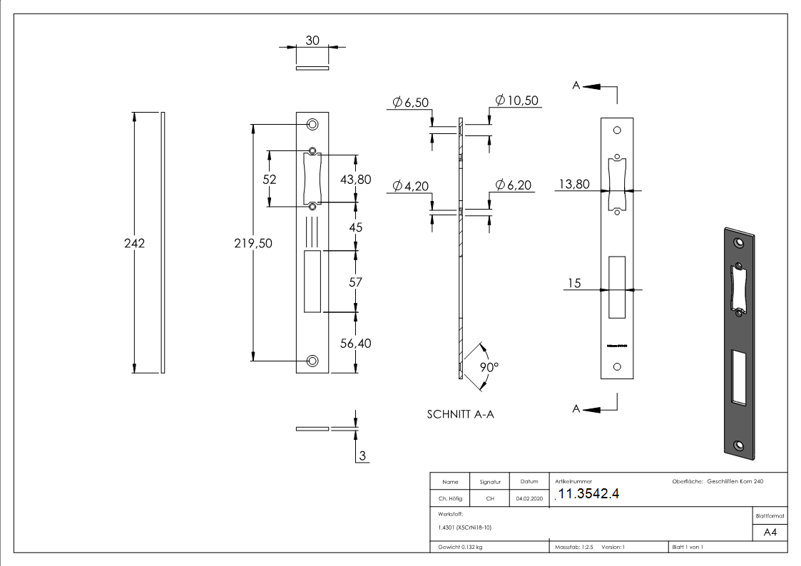 Schliessblech 30x242x3 mm fuer Einsteckschloesser V2A-11-3542.4