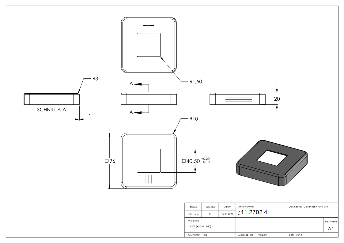 Abdeckrosette 96x96x20 mm fuer Vierkantrohr 40x40 mm V2A-11-2702.4