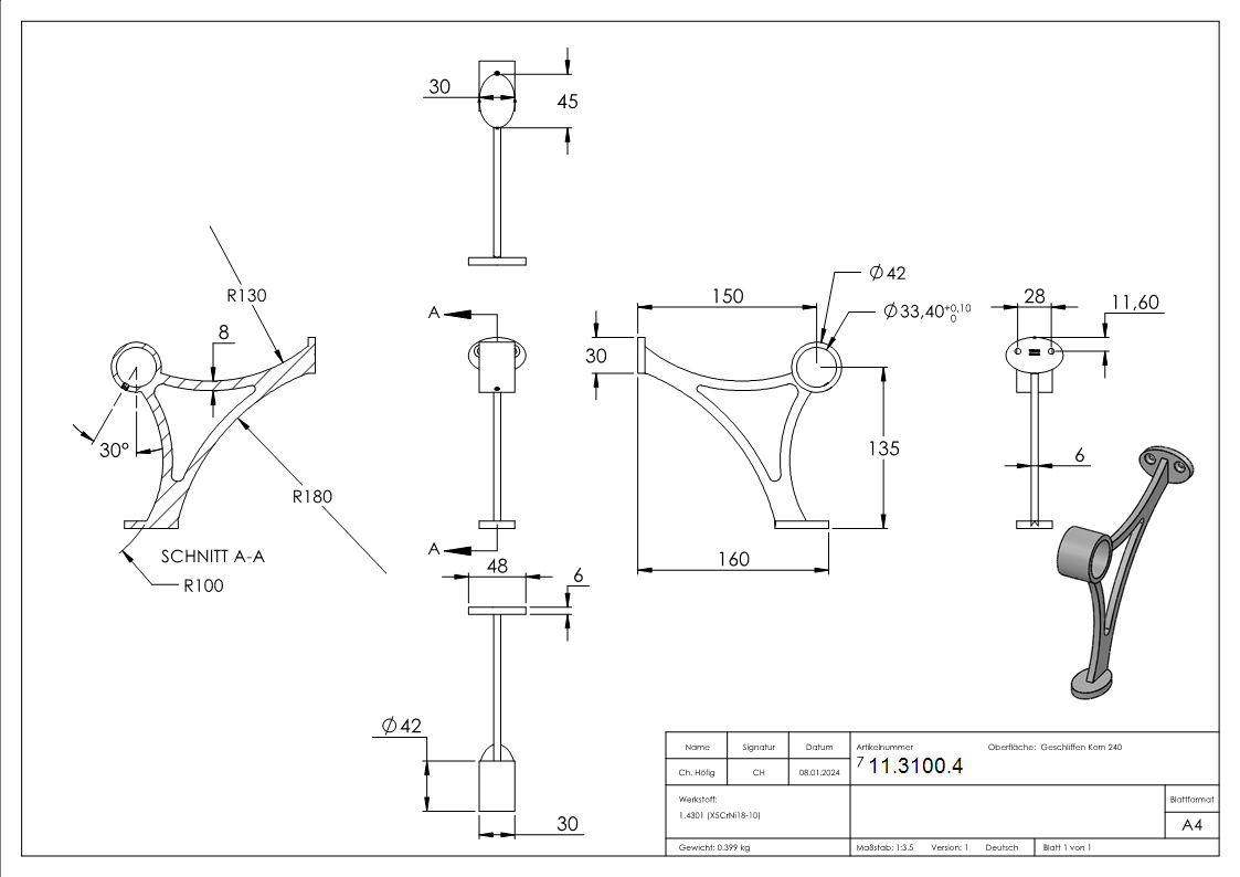 Fusslaufstuetze fuer Ø 33-7 mm V2A-11-3100.4