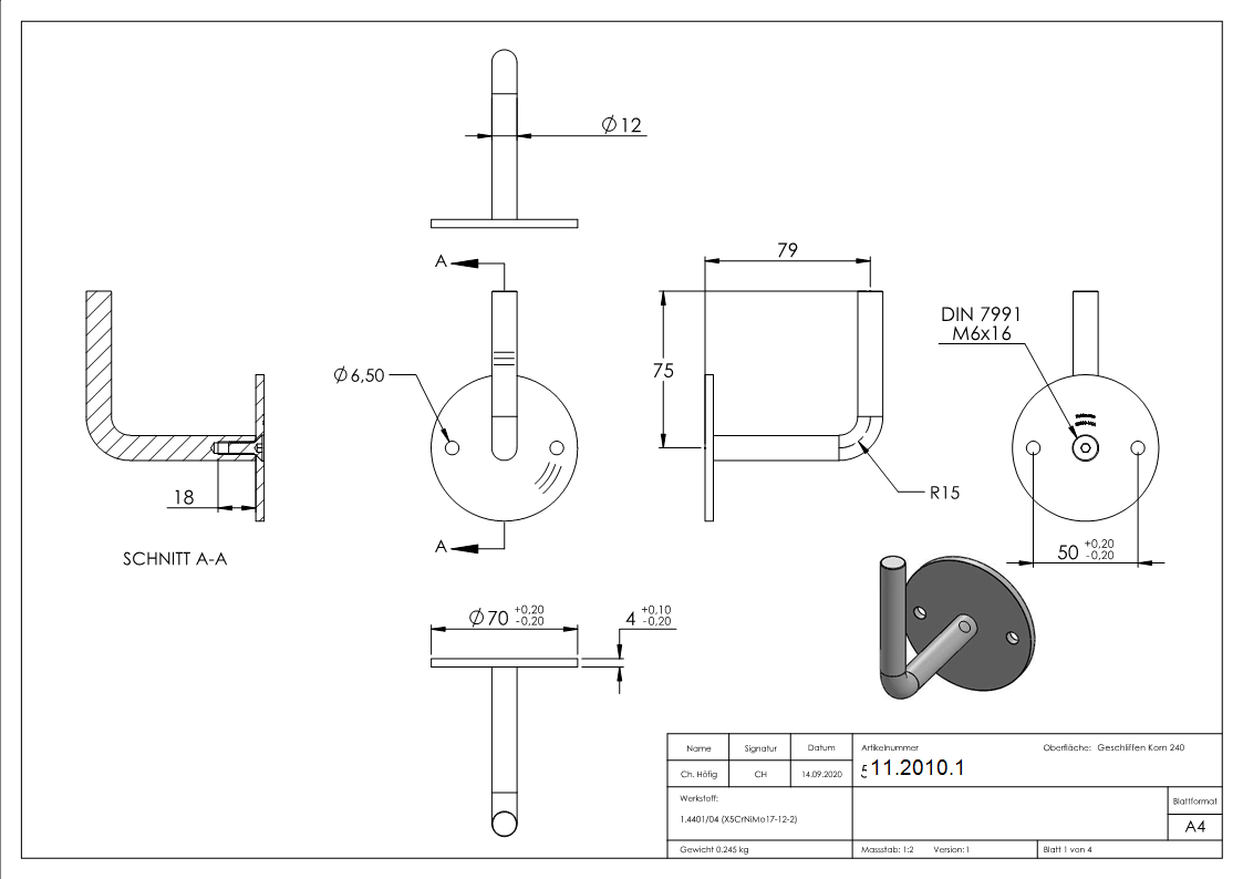 Handlaufhalter mit Ronde 70 x 4 mm zum Anschweissen V4A-11-2010.1