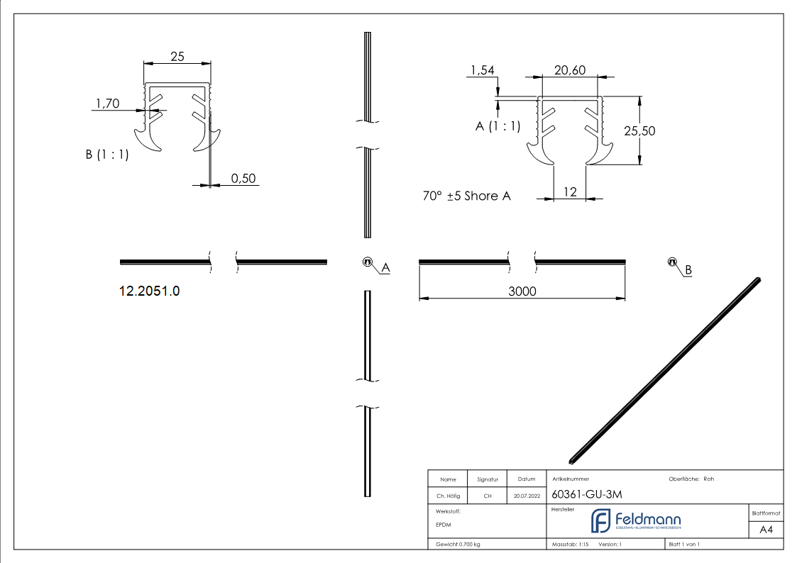 Gummieinlage - fuer Glas- 11-52-13-52 mm - fuer Nut- 24x24 mm - Laenge- 3000 mm - Kautschuk-12-2051.0