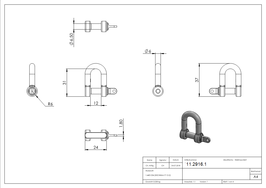 Schaekel - fuer Seil Ø- 6 mm - V4A-11-2916.1