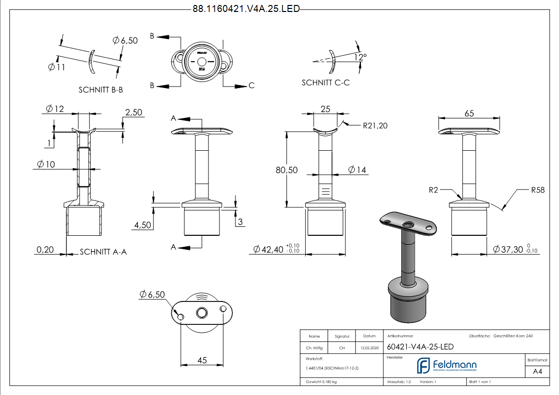 Handlaufstuetze V4A fuer Rohr Ø 42-4x2-5 mm Stift Ø 14 mm fuer LED Handlauf-88-1160421-V4A-25.LED