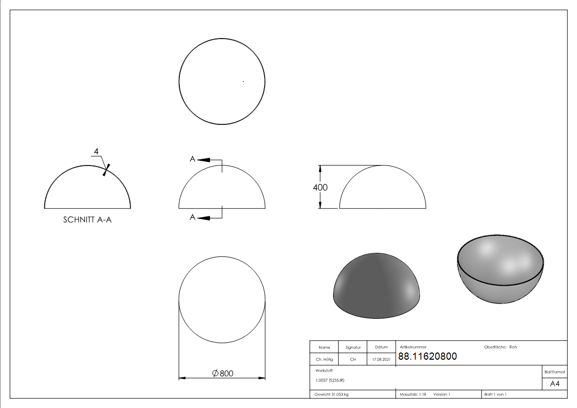Halbhohlkugel Stahl roh Ø 800 x 4-0 mm-88.11620800