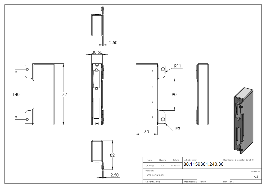 Gegenkasten Edelstahl V2A eckig fuer 72 mm Abstand- 30 mm Schlosskasten zum Anschweissen-88-1159301-240.30