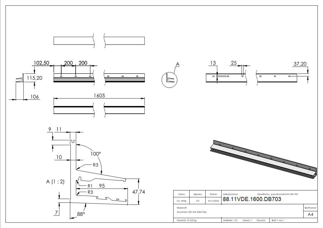 Vordachprofil Aluminium L = 1605 mm pulverbeschichtet DB703 mit ETA-88-11VDE-1600.DB703