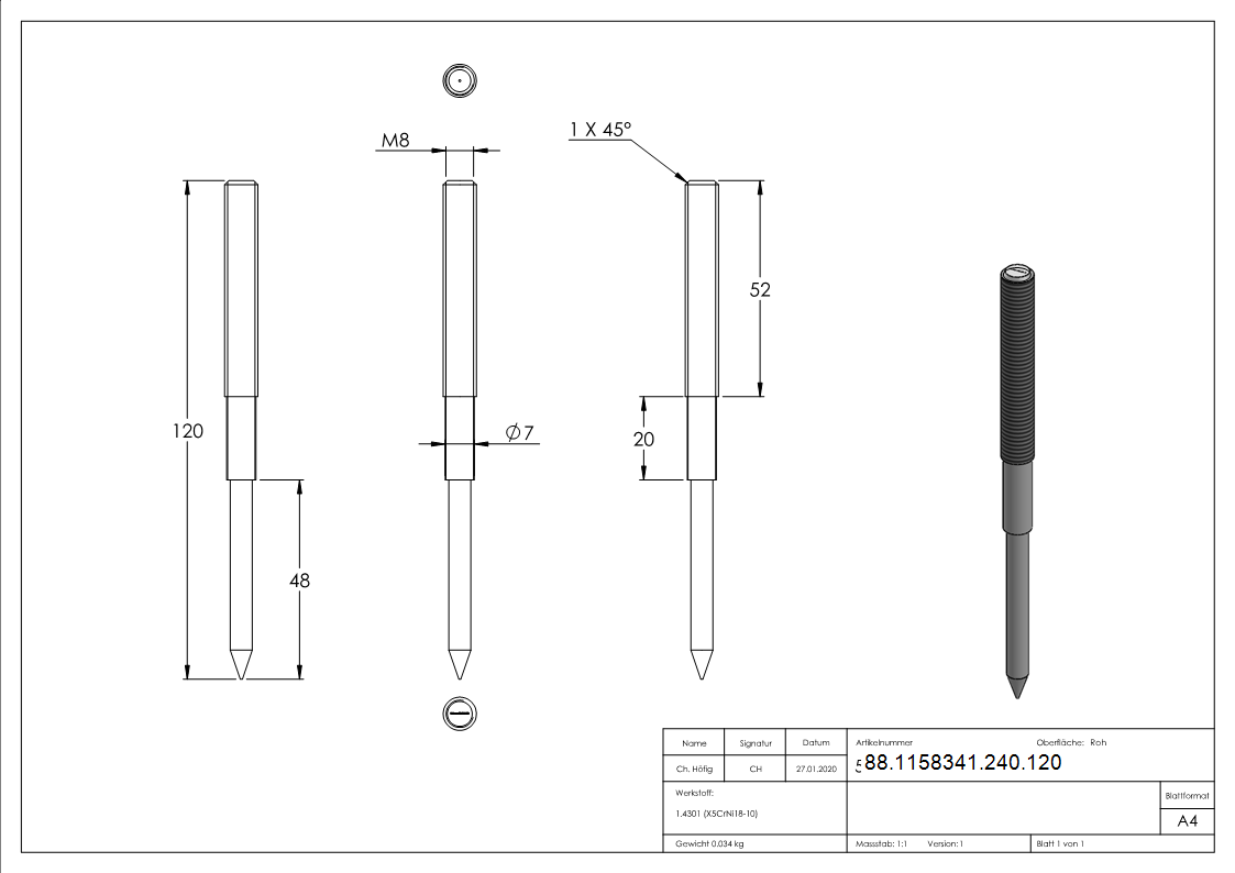 Stockschraube Edelstahl V2A -1-4301- M8x120 mm-88-1158341-240.120