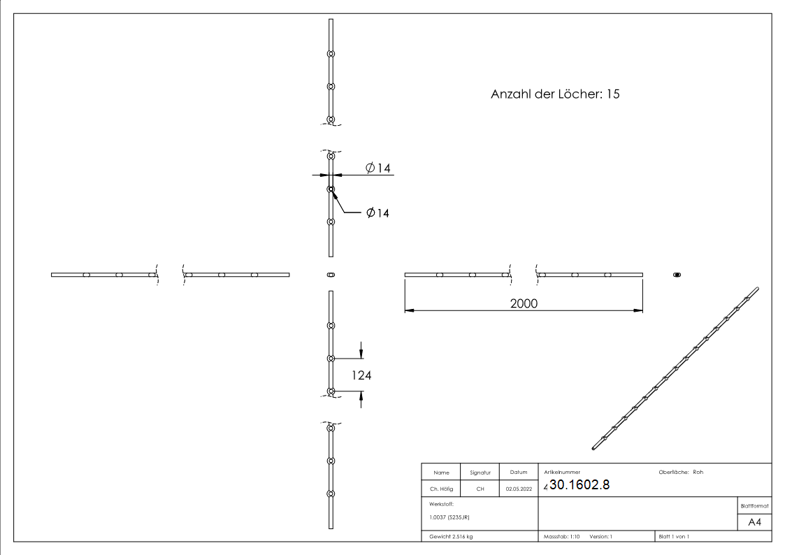 Lochleiste mit Rundloch Material- Ø 14 mm Laenge- 2000 mm Stahl -Roh- S235JR-30-1602.8