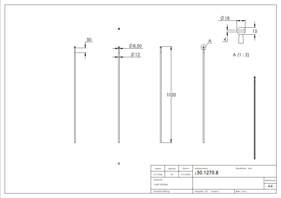 Zaunstab - Laenge- 1020 mm - Material Ø 12 mm - Stahl S235JR- roh-30-1270.8