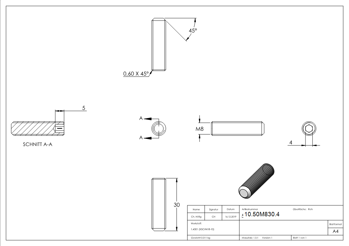 Gewindestift V2A Edelstahl M8 x 30 mm Innensechskant Kegelkuppe-10-50M830.4