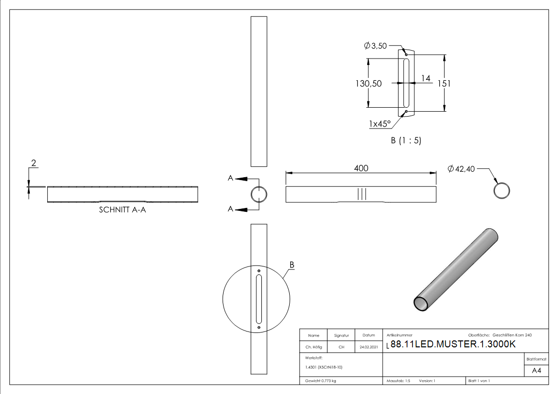 LED Handlauf V2A 42-4 x 2-0 mm 400 mm 3000 K warmweiss-88-11LED-MUSTER-1.3000K