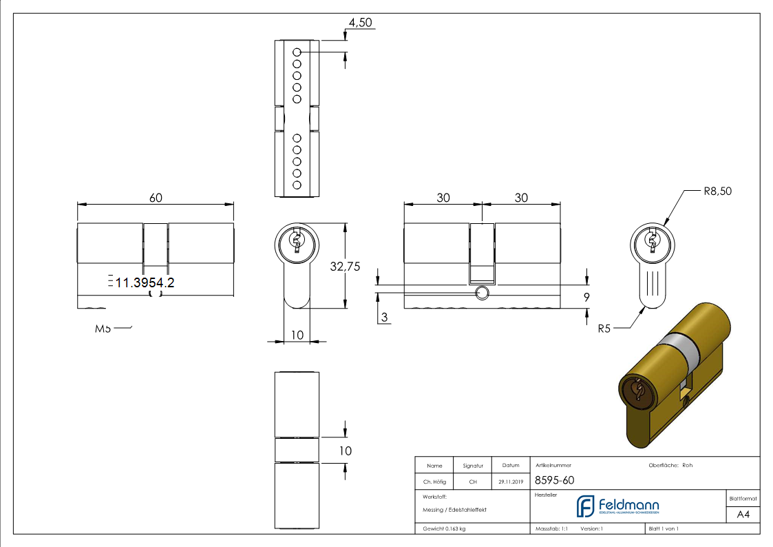 Zylinder Edelstahloptik 60 mm mit 3 Schluessel-11-3954.2