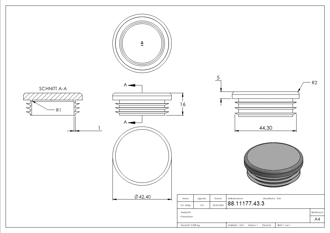 Einsteckkappe Kunststoff fuer Rundrohr Ø 42-4 mm Wandstaerke 2-5-4-0 mm schwarz-88-11177-43.3