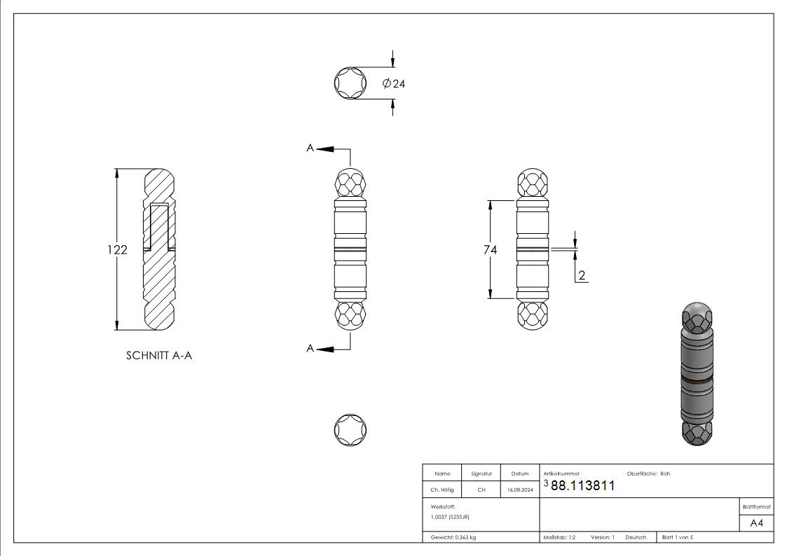 Zierscharnier Edelstahl 24 mm mit Zierkoepfen-88.113811