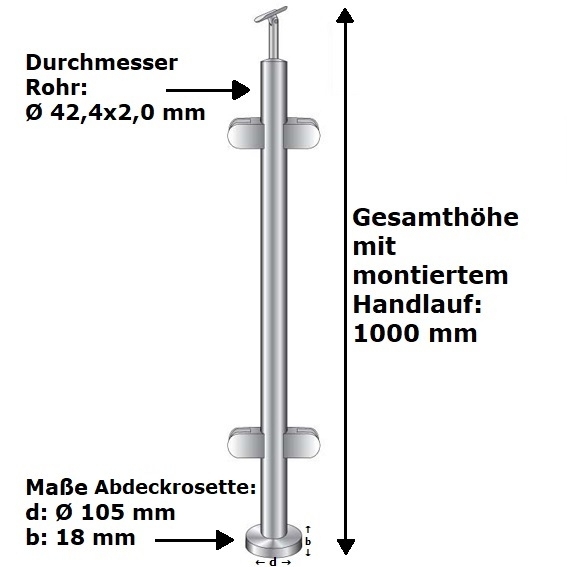 Gelaenderpfosten Edelstahl AISI 304 D42-4 mm 1000 mm Top Glasfuellung-14-0044RG-A.4