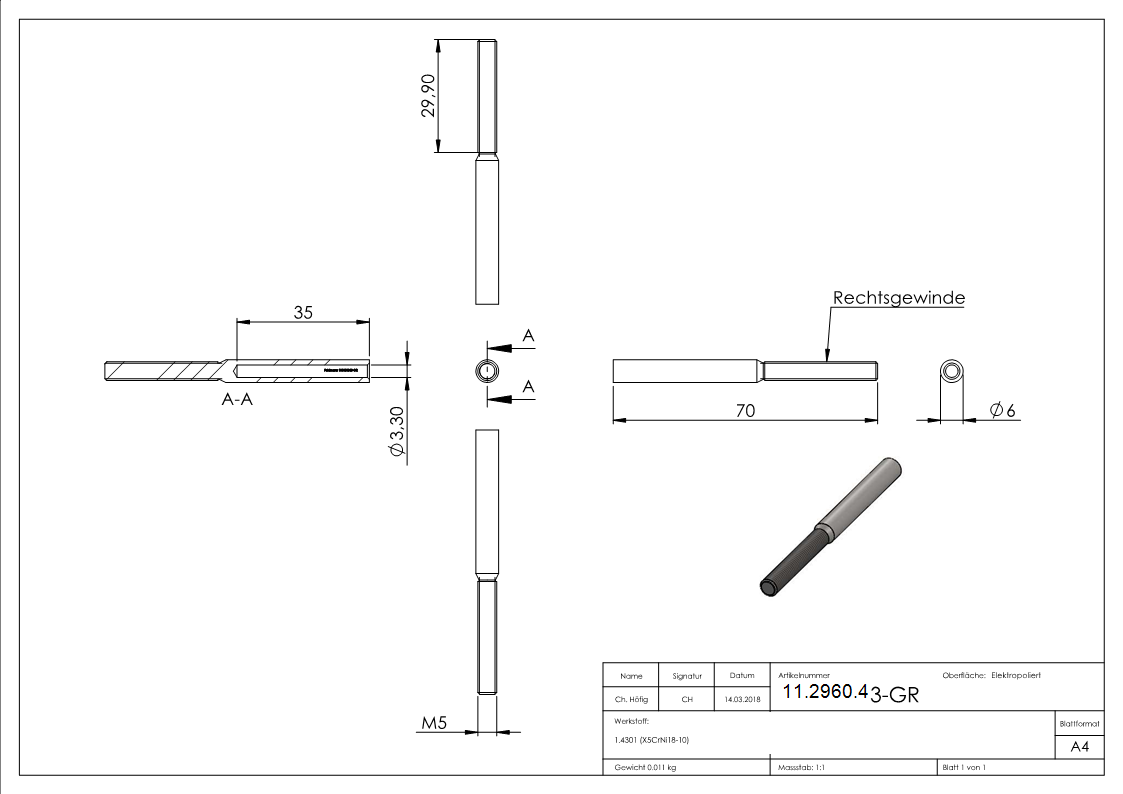 Gewindeterminal mit Aussengewinde - Rechtsgewinde - Fuer Seil von Ø 3 mm -V2A-11-2960.4