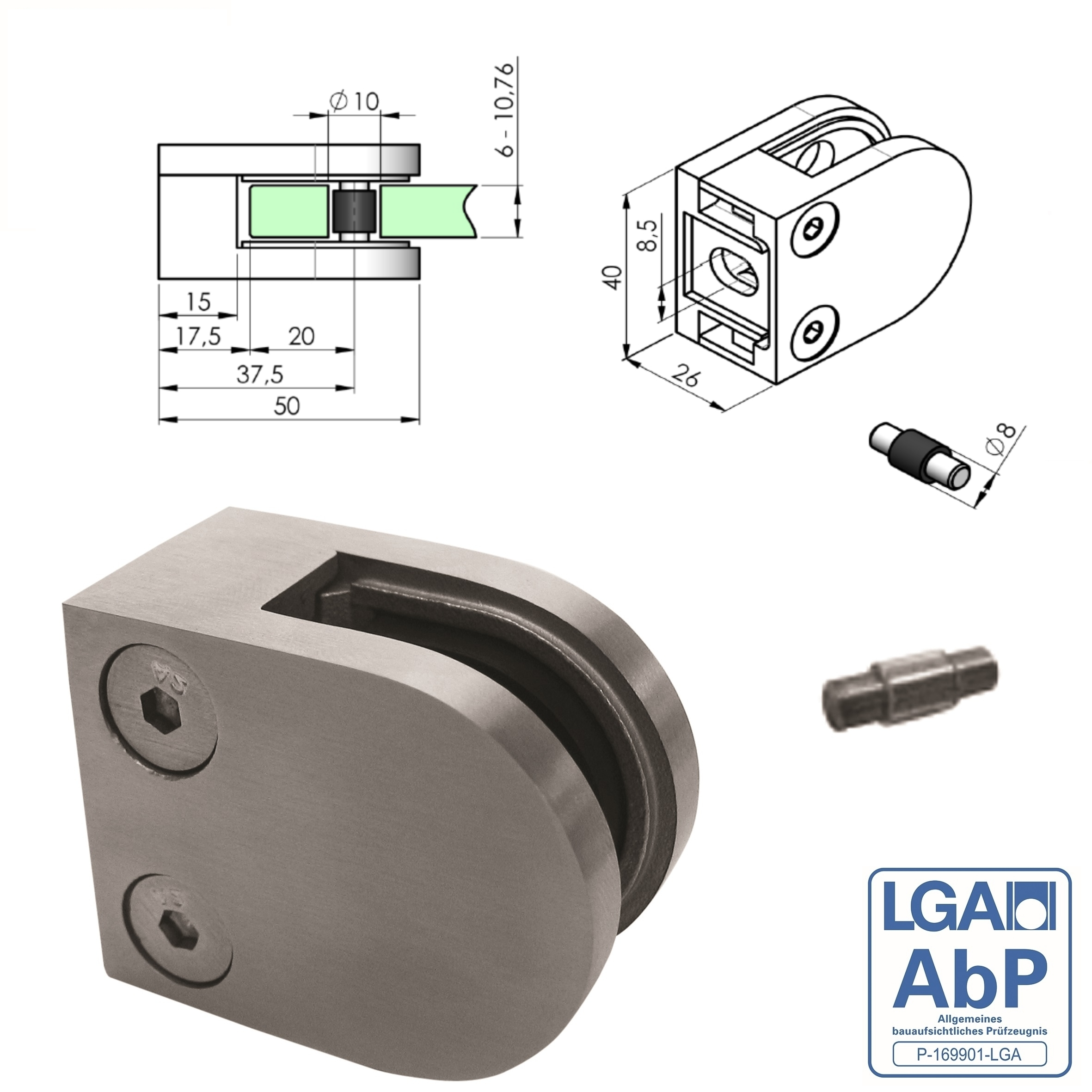 Glasklemme - Masse- 50x40x26 mm - Anschluss flach - V2A 1 Parr Gummis 6-00 mm ESG-18-2000-A.4-4