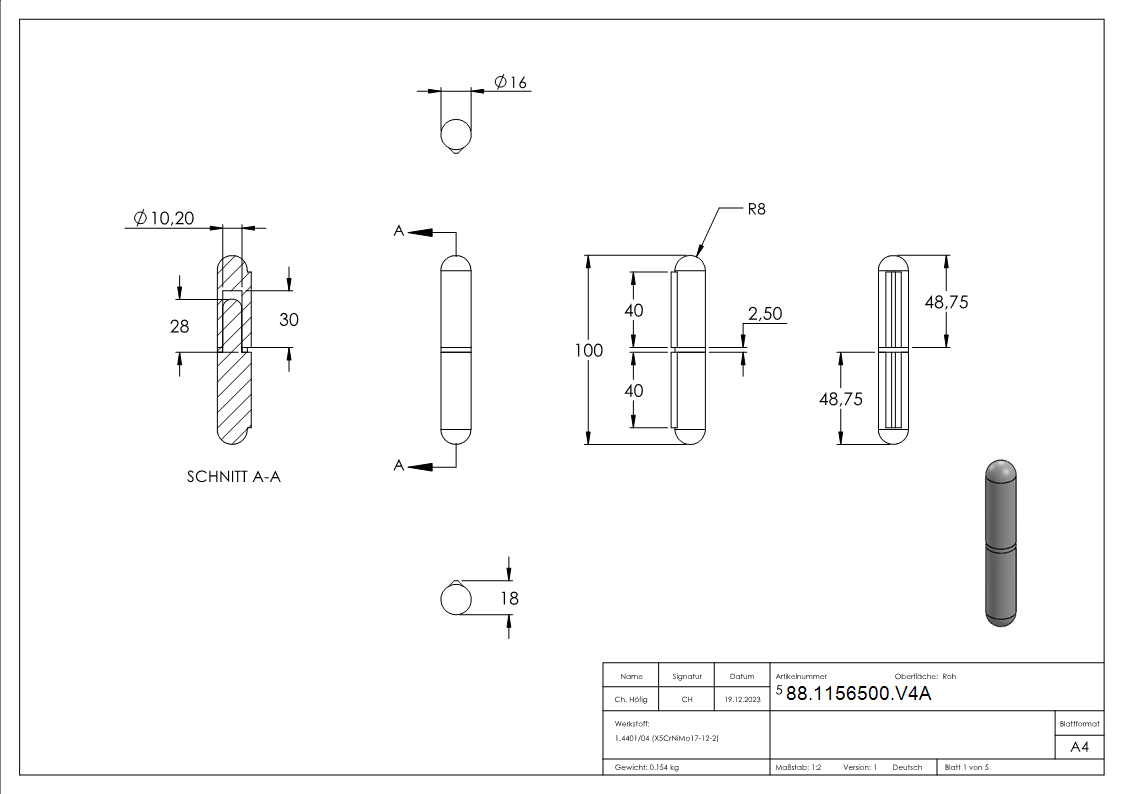 Anschweissband Edelstahl V4A L = 100 mm Aussen-Ø 16 mm Bolzen-Ø 10 mm fuer Aussenbereich-88-1156500.V4A