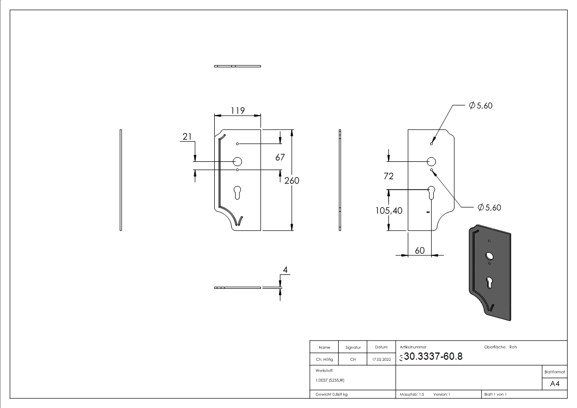 Schlossplatte links - Masse- 119x260x4 mm - Dorn- 60 mm - Stahl S235JR- roh-30-3337-60.8