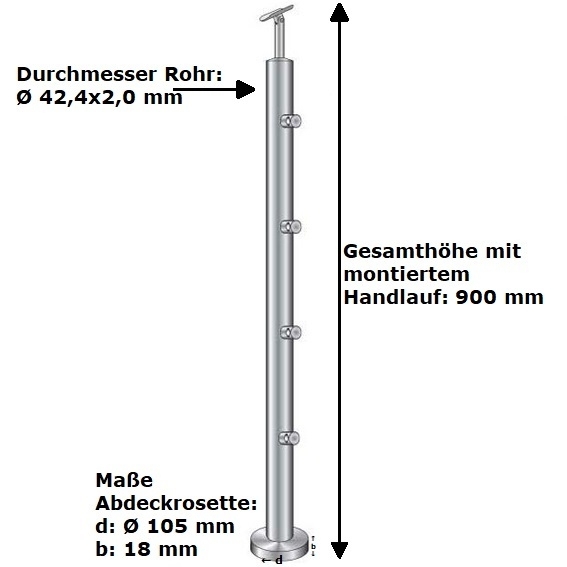 Gelaenderpfosten Edelstahl AISI 304 1000 mm Rohr D42-4 mm obere Verankerung 5 Fuellstabhalter D12 mm-14-0068RR-A.4