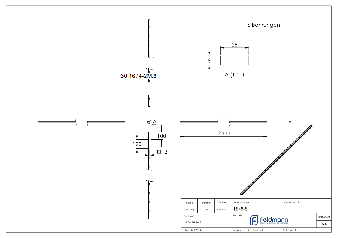 Flacheisen gelocht Laenge- 2000 mm 16 Lochungen Stahl -Roh- S235JR-30-1674-2M.8