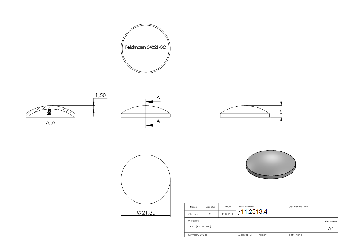 Kloepperboden Ø 21-3 mm leicht gewoelbt zum Aufschweissen V2A - Hoehe 1-5 mm-11-2313.4