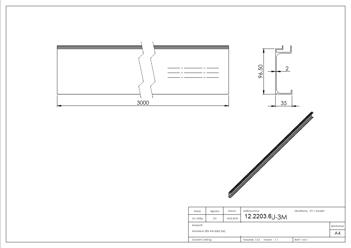 Abdeckung fuer Ganzglasgelaender - MASSIV2 - Laenge- 3000 mm - seitliche Montage - Aluminium-12-2203.6