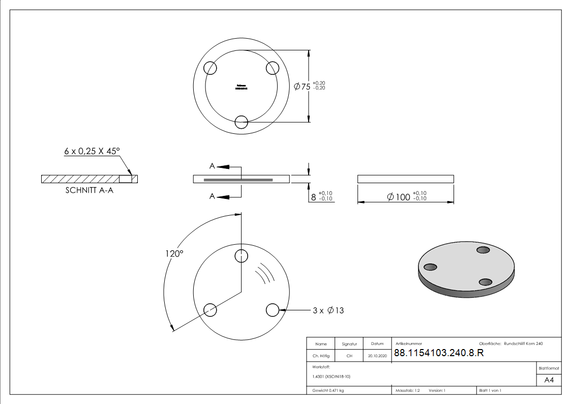Ankerplatte Ø 100 x 8mm- mit Rundschliff- V2A-88-1154103-240-8.R