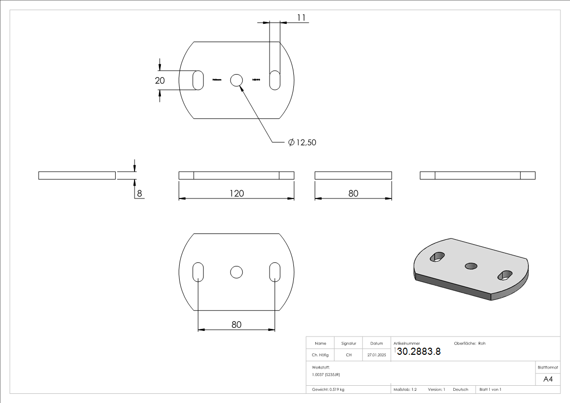 Ankerplatte 120x80x8 mm 3 Bohrungen -  Stahl roh-30-2883.8