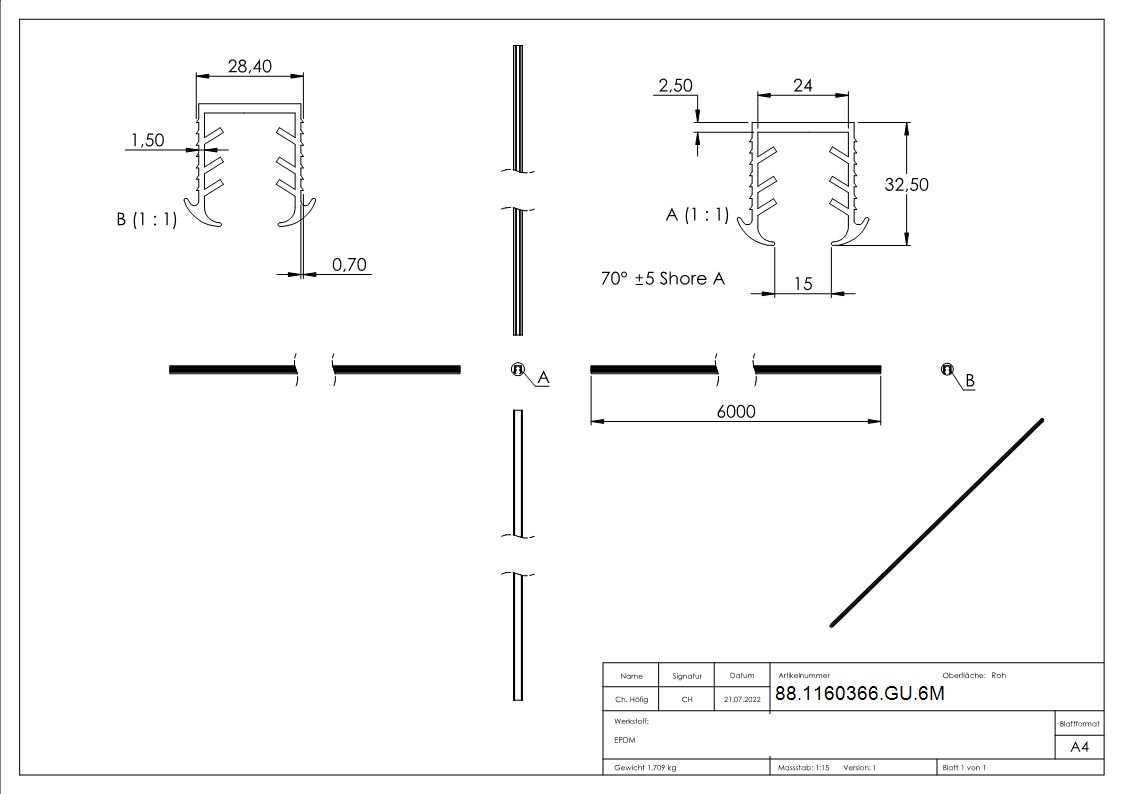 Keildichtung Glas 16-76 – 17-52mm- fuer Nut 27 x 30mm- Laenge 6m- EPDM-88-1160366-GU.6M
