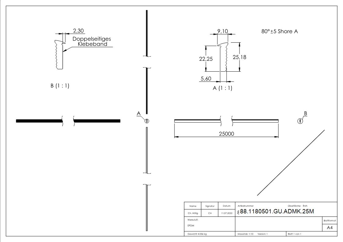 Abschlussdichtung oben- EPDM 80 shore- Laenge 25m- schwarz-88-1180501-GU-ADMK.25M