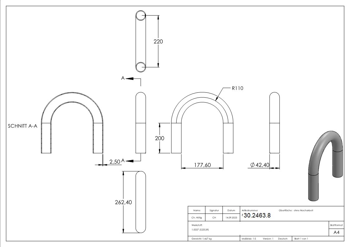 Rohrbogen 180° Stahl roh Radius-Mitte 110mm - 42-4 x 2-5 mm -1 ¼- - S235JR-30-2463.8