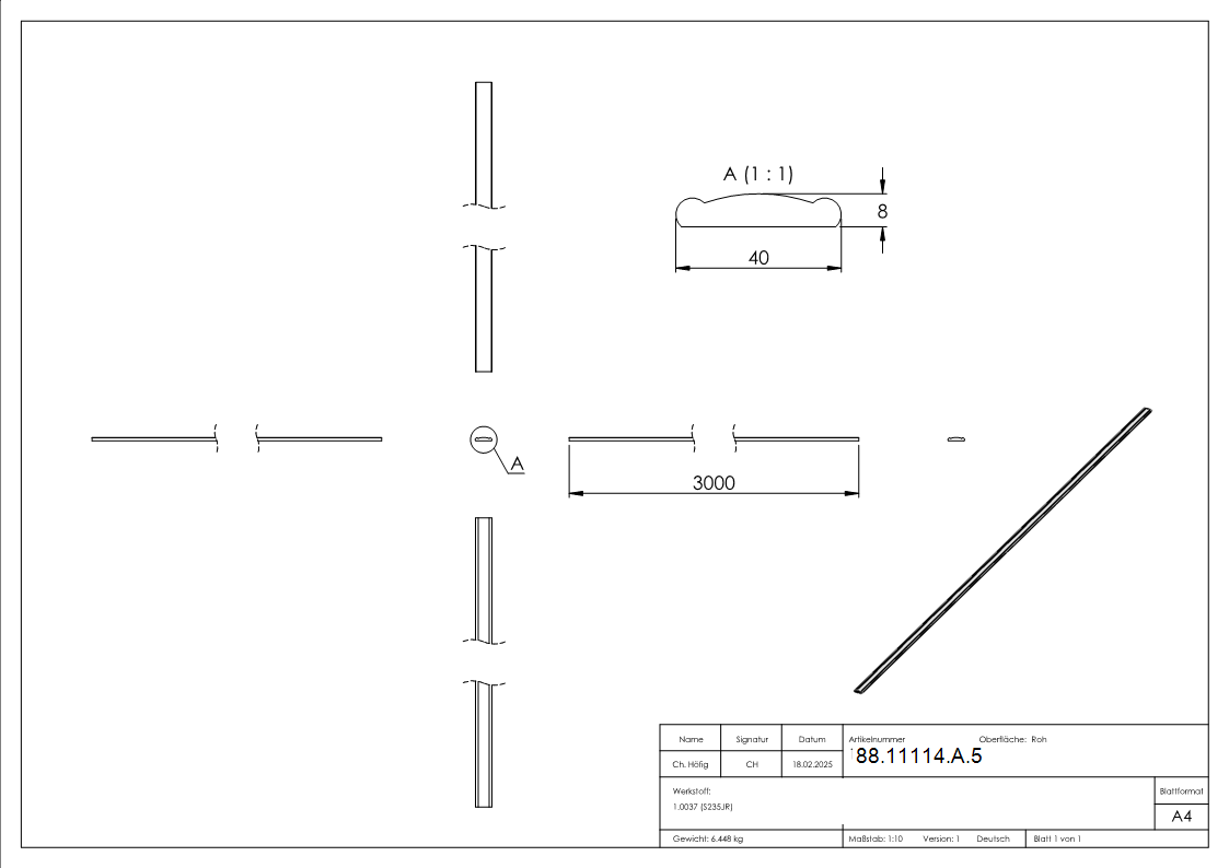 Handlauf Stahl roh 40 x 8 mm- L = 3000 mm- gewoelbt-88-11114-A.5