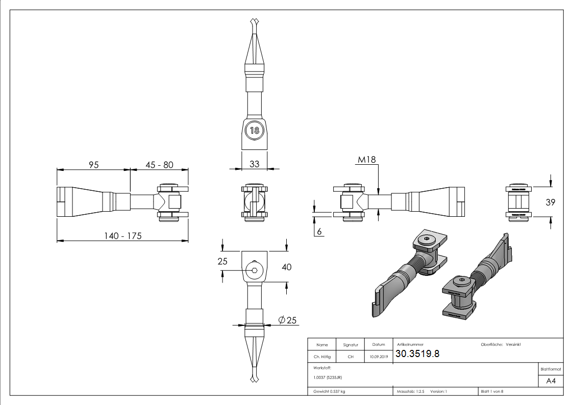 Torband M18 verstellbar zum einmauern Stahl -roh- S235JR-30-3519.8