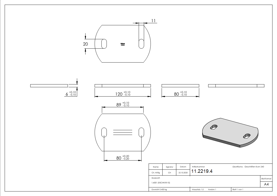 Ankerplatte Masse- 120 x 80 x 6 mm mit Langlochbohrung V2A-11-2219.4